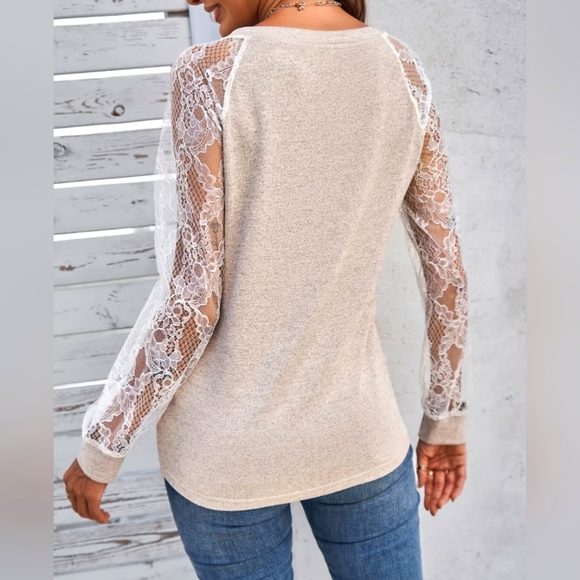 Lace Mesh Sleeve Tawny Crew Neck T-shirt - Picture 7 of 7